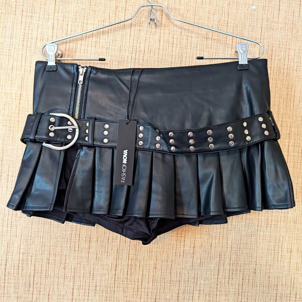 Fashion Nova Regret You Extreme Micro Mini Skort Black M Faux Leather Belted